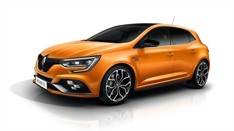 Corner front view of the orange-colored Renault R.S.