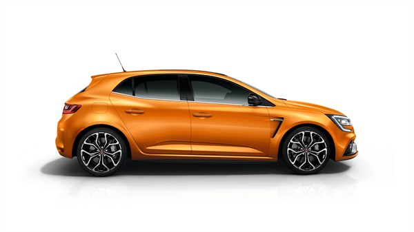 Side view of the orange-colored Renault Megane R.S.