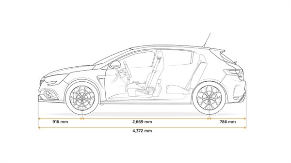 Outline side view of the Renault Megane R.S. with dimensions