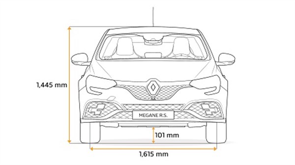Outline of the frontside Renault Megane R.S. with dimensions