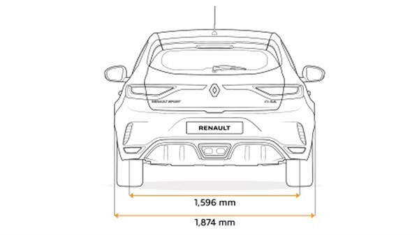 Outline of the backside Renault Megane R.S. with dimensions