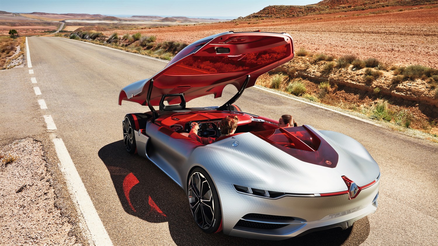 Renault TREZOR concept car top view with the sliding roof door open