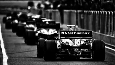 A black and white picture showing the Renault Motorsport cars