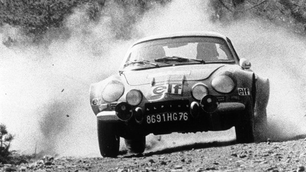 A black and white picture showing the front view of Renault ALPINE car