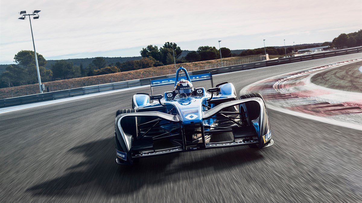 A front view of the Renault FORMULA E car moving on the race track