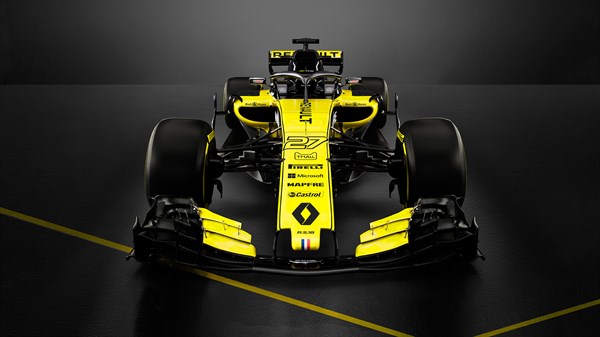 A front view of the Renault R.S. 17 car with a faded track background