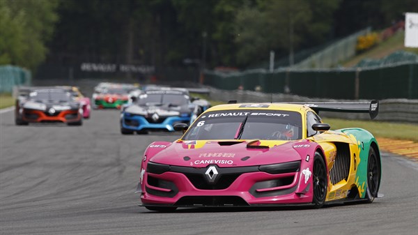 A front corner view of the Renault Sport R.S. 01 on the race track