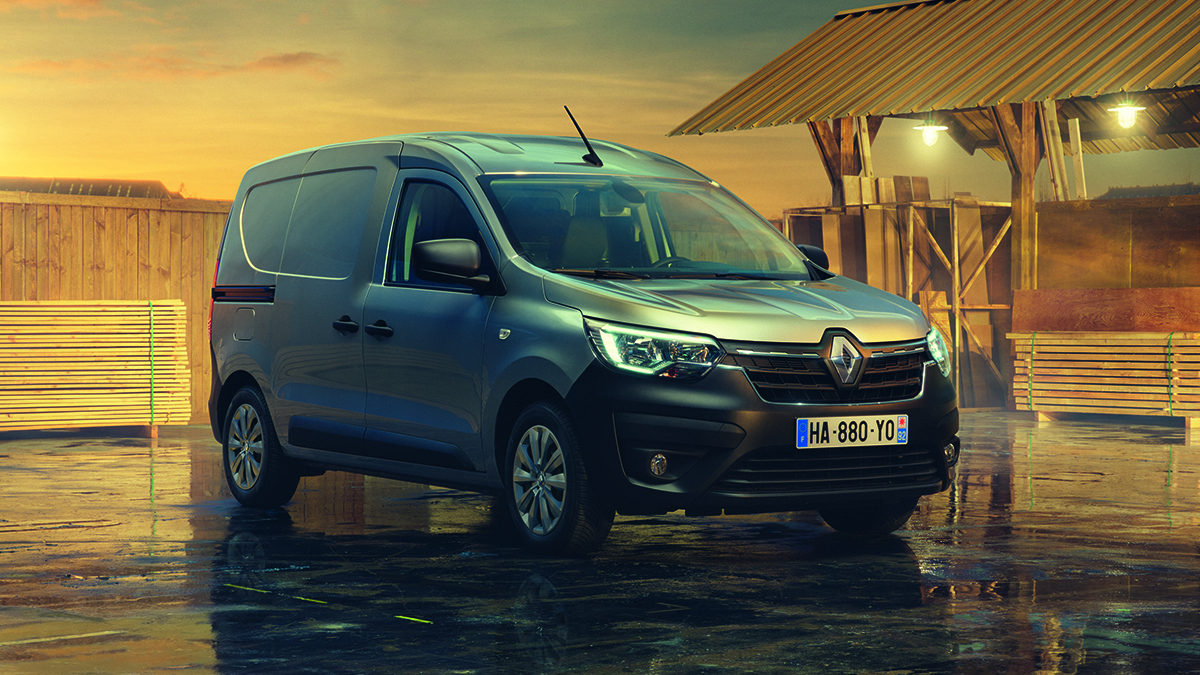 A Renault Express van parked at a workshop